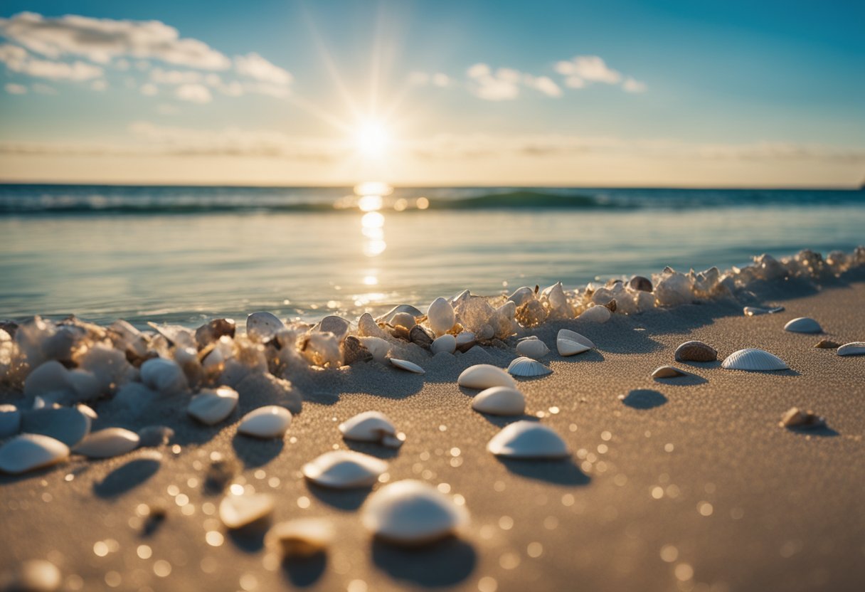 Sandy beach with scattered shells, clear blue water, and a distant shoreline. Sunlight glistens on the waves, creating a serene and inviting atmosphere for shell collectors