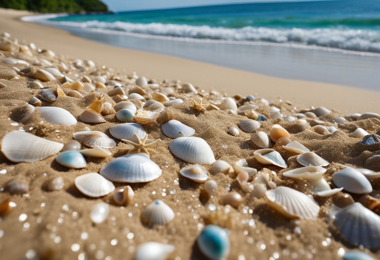 The sandy beach stretches out, lapped by gentle waves. Colorful shells are scattered across the shore, glinting in the sunlight. The backdrop of lush greenery and clear blue skies completes the idyllic scene