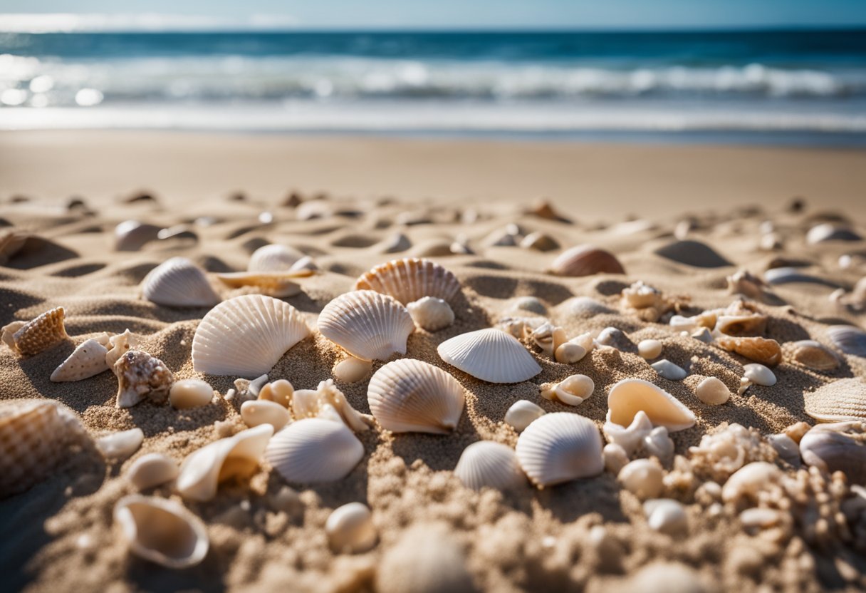 A sandy beach with waves gently rolling onto the shore. Seashells of various shapes and sizes are scattered across the sand, with a backdrop of clear blue skies and distant coastal cliffs