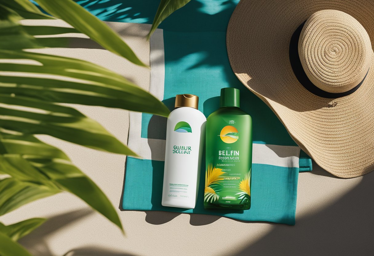 A sunny beach with a clear blue sky and gentle waves, surrounded by lush green palm trees. A bottle of sunscreen and a wide-brimmed hat sit on a colorful beach towel