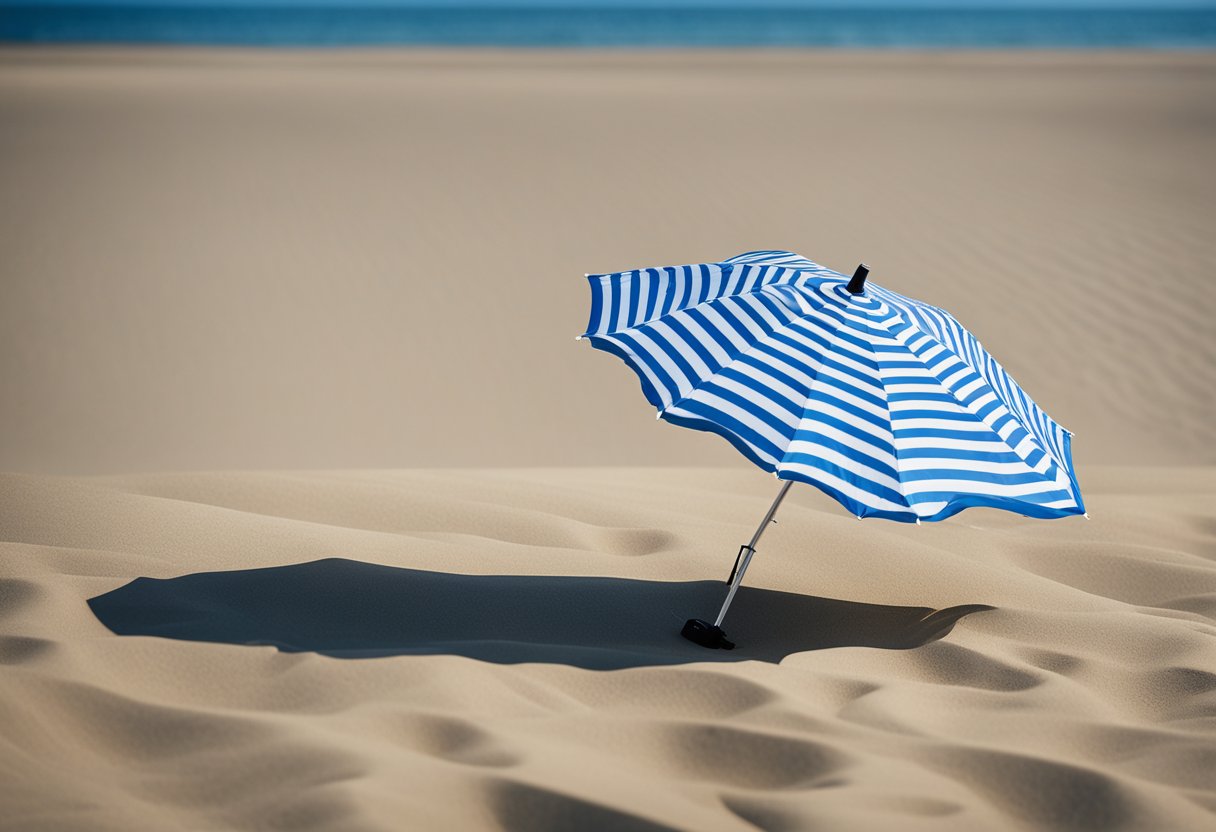 A beach umbrella providing shade for healthy hair in the summer. Sand, waves, and a clear blue sky complete the scene