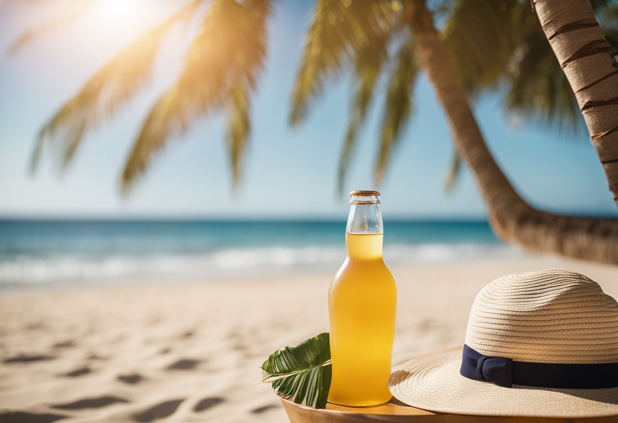 Uma praia ensolarada com chapéu de mulher, óculos escuros e um frasco de protetor solar. Uma brisa suave sopra entre as palmeiras, enquanto as ondas quebram na costa