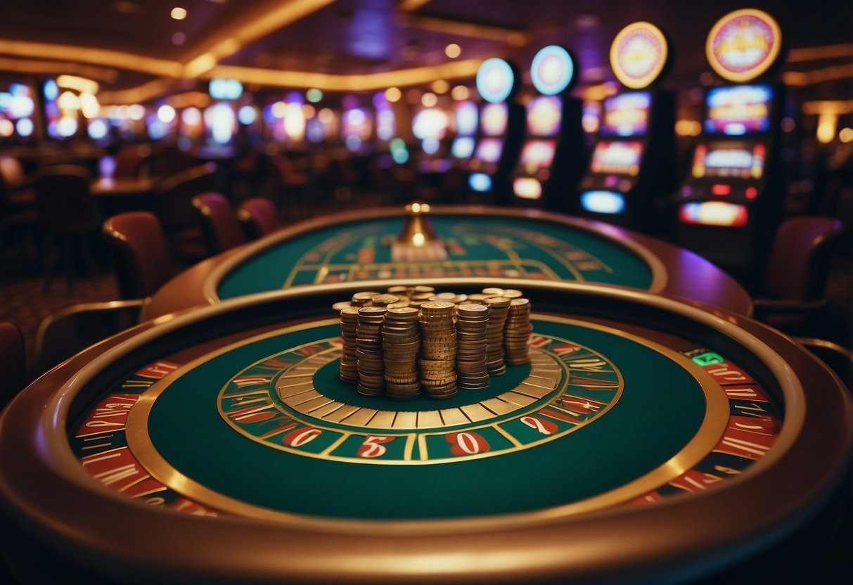 Brightly lit casino with rows of slot machines and card tables. A lively atmosphere with sounds of cheers and clinking coins