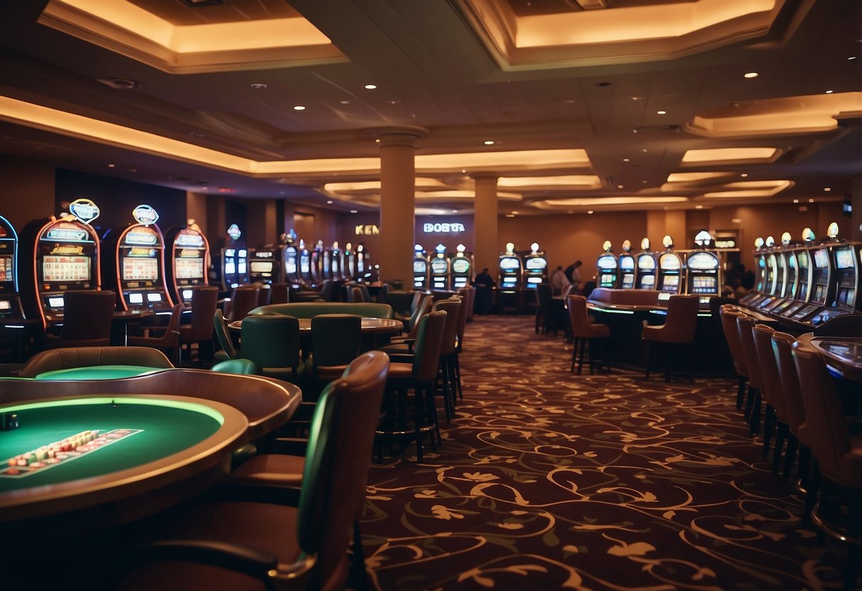 Brightly lit casino floor with rows of slot machines and card tables. Patrons eagerly place bets and exchange chips. The atmosphere is lively and filled with anticipation