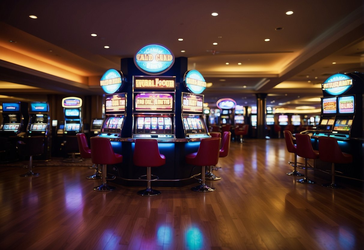 Brightly lit casino floor with colorful slot machines and card tables. A large sign advertises "Welcome Bonus" with enticing offers. Customers eagerly line up at the cashier to claim their rewards