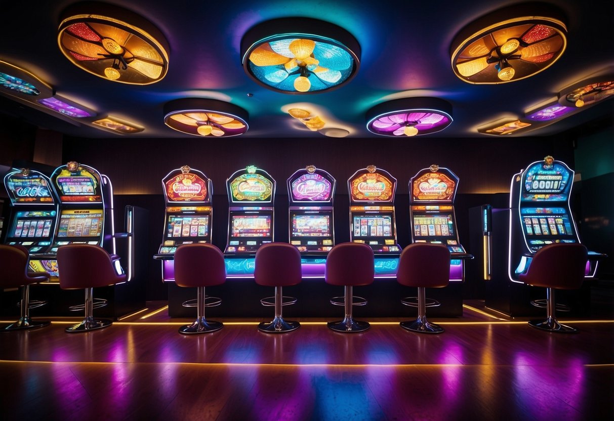 A colorful array of casino games displayed on a digital screen at HappiStar online casino. Bright lights and enticing graphics draw in players