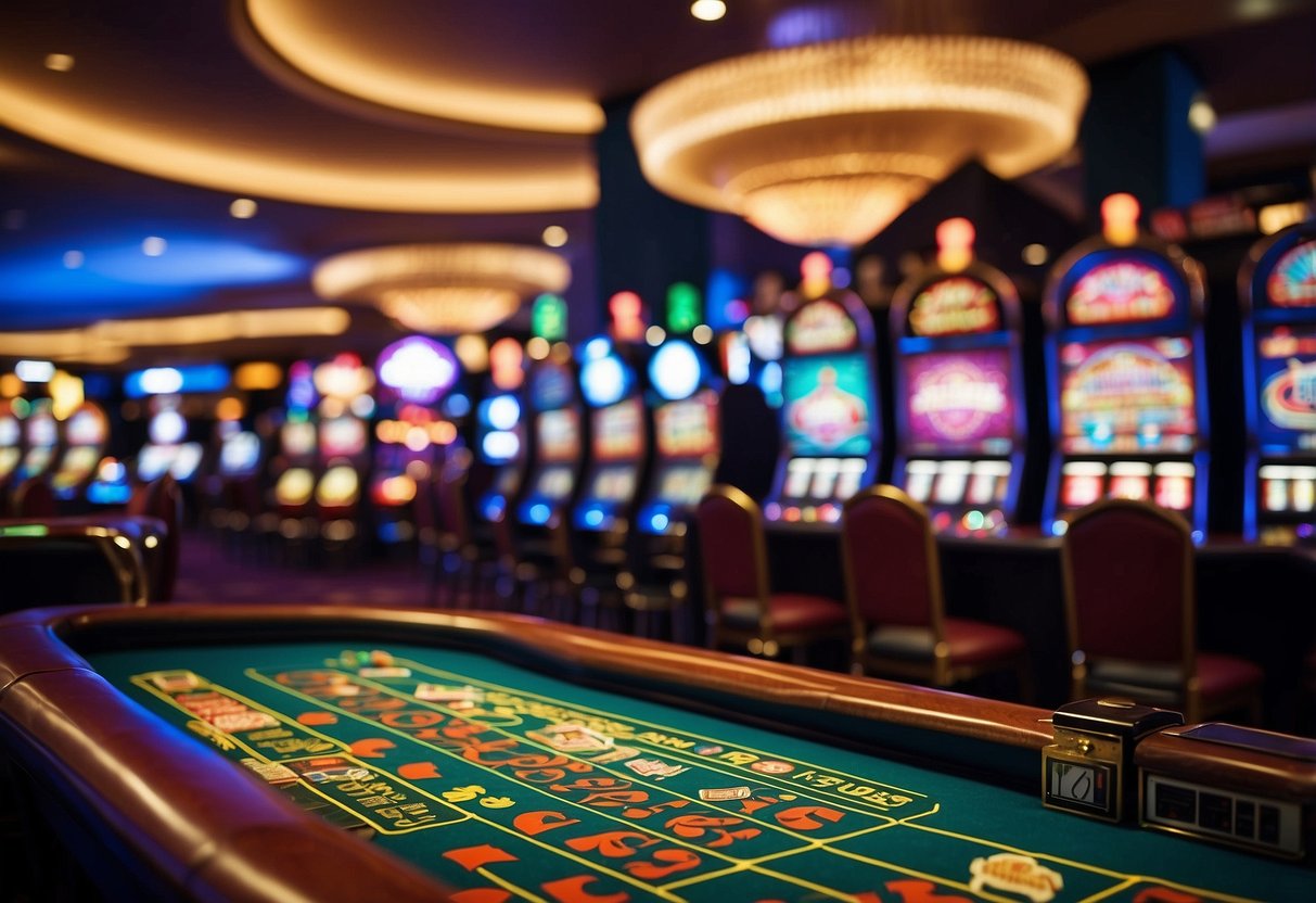 A vibrant display of casino games, including slots, poker, and roulette, with flashing lights and enticing graphics