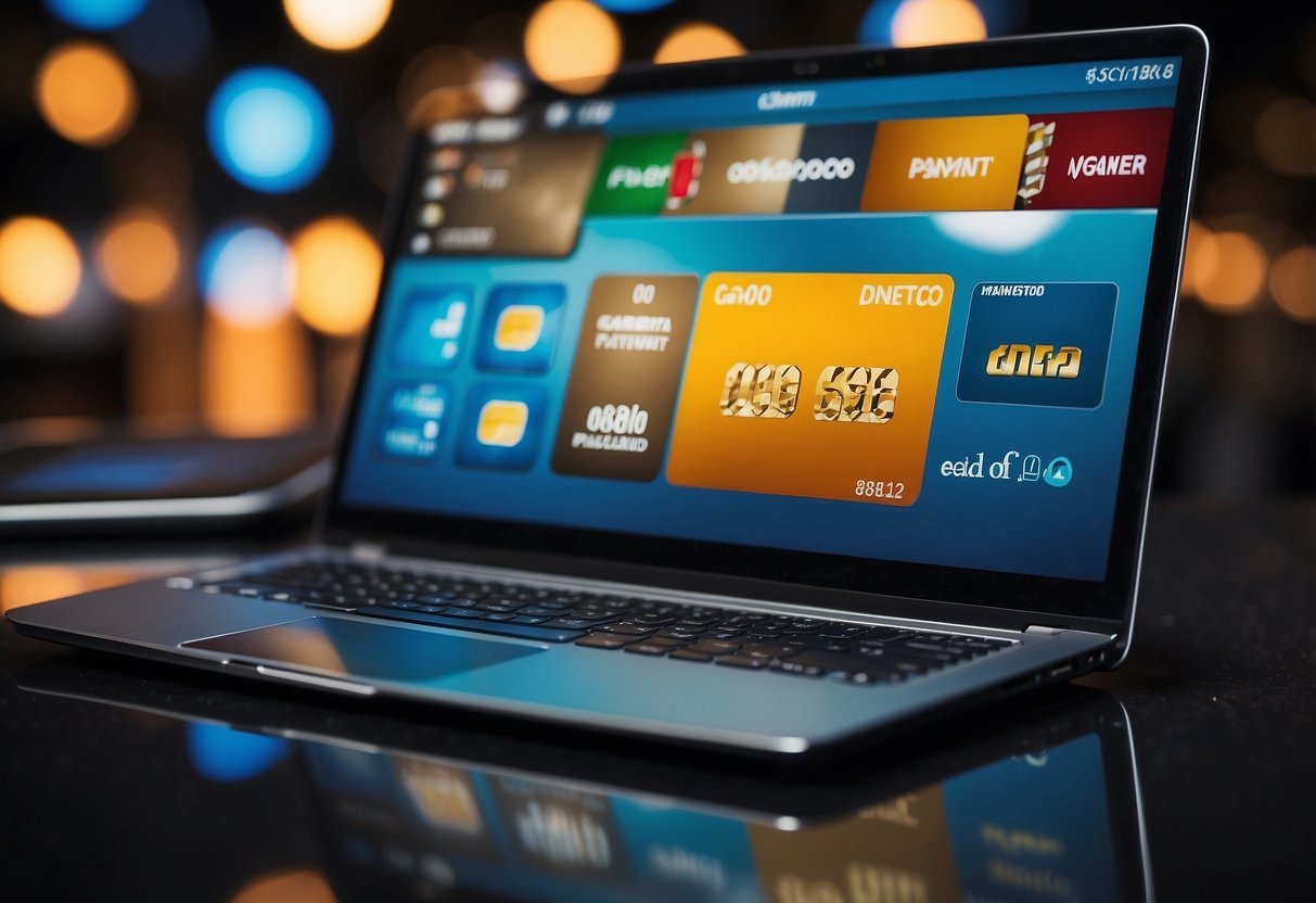 A laptop displaying various payment options for an online casino, with credit cards, e-wallets, and bank transfers.Icons and logos are visible