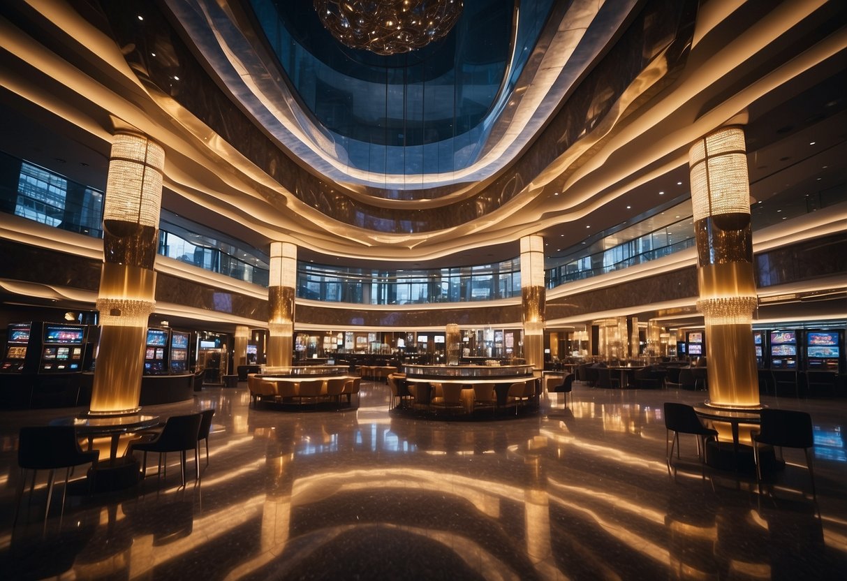 A grand casino building with bold signage and bustling activity. A sleek, modern design with a touch of luxury
