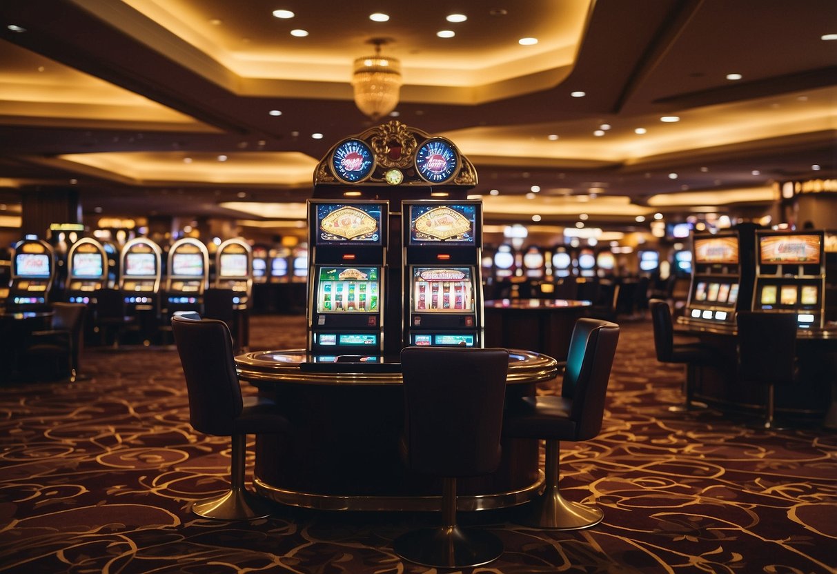 The bustling casino floor showcases a variety of games, from slot machines to poker tables, all lit up in a dazzling display of colors and excitement