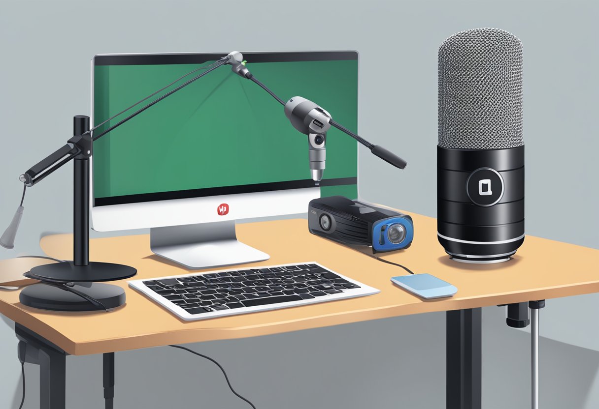 A computer desk with a laptop, microphone, and camera set up for recording. A YouTube logo displayed on the screen with a dollar sign next to it