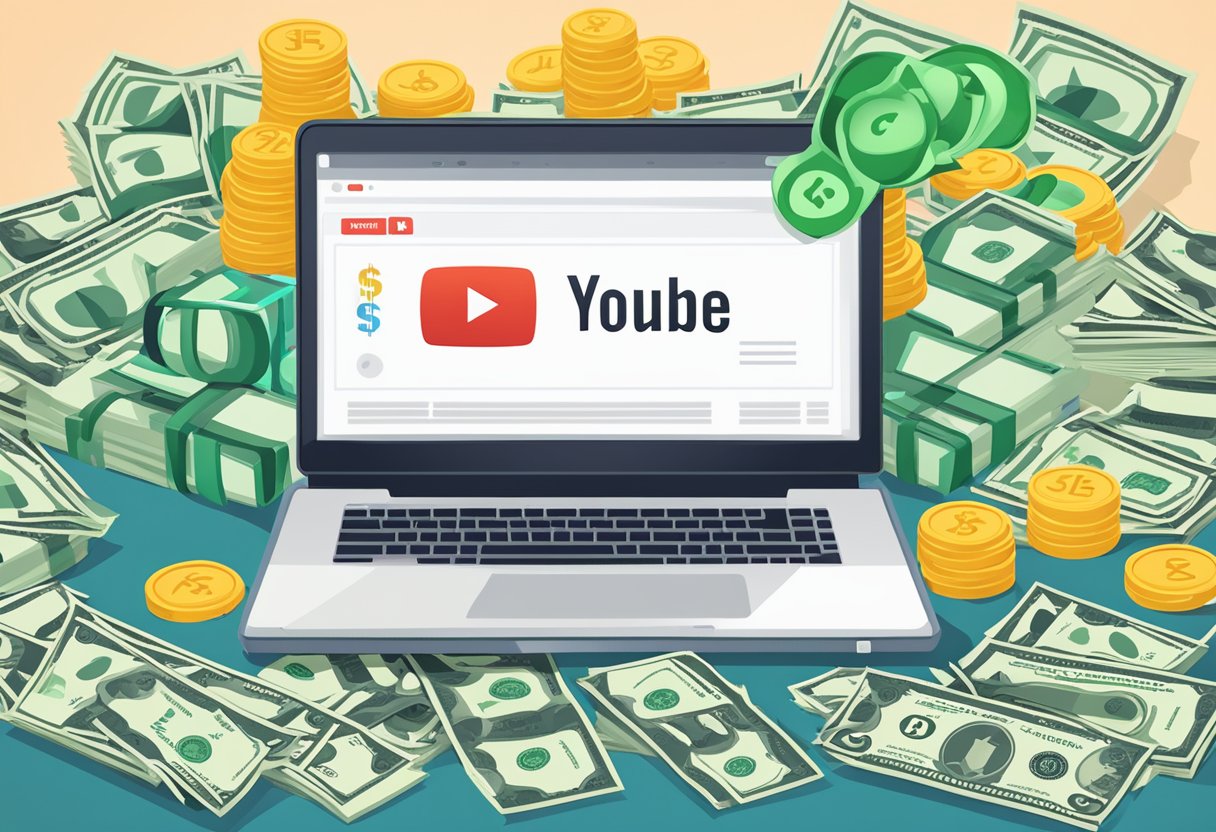 A laptop with a YouTube logo on the screen, surrounded by dollar signs, a graph showing increasing revenue, and a stack of money