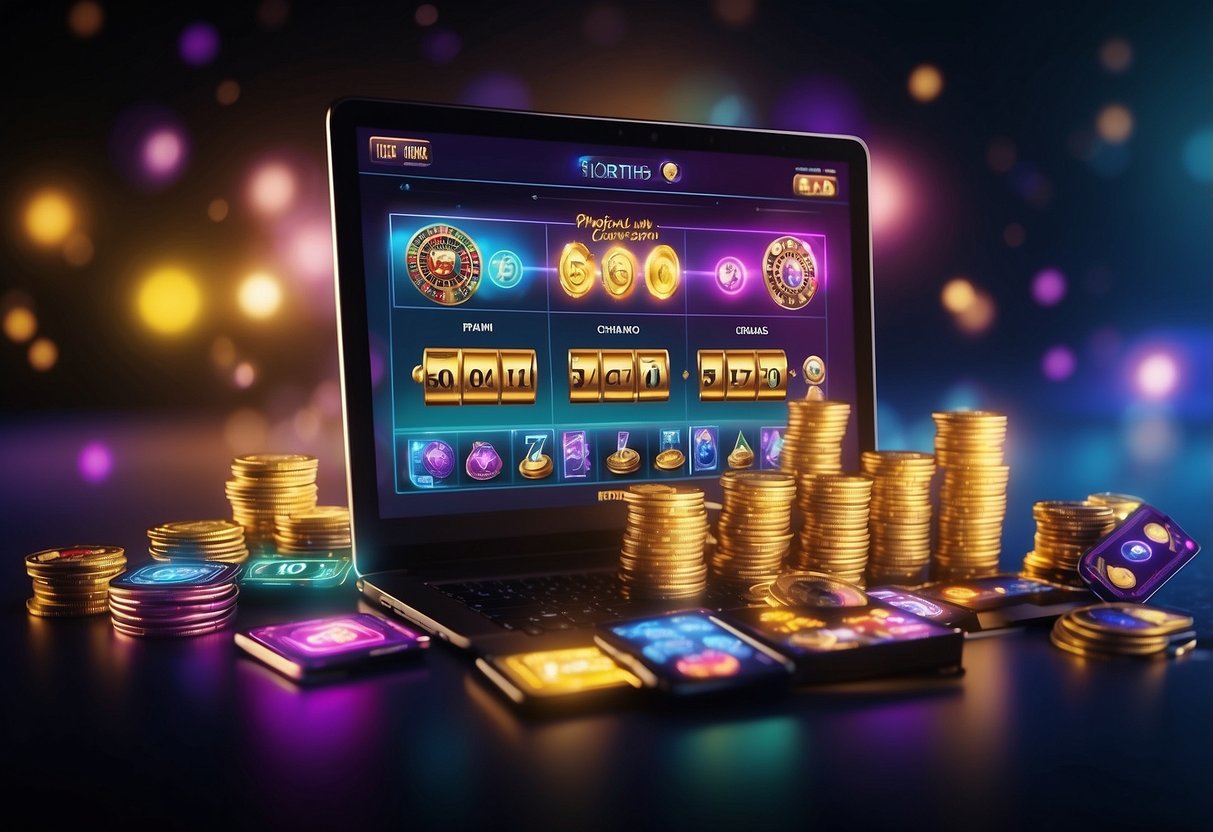 Brightly lit online casino interface with colorful slots and card games. A login screen prompts for username and password. Icons of virtual currency and rewards are displayed