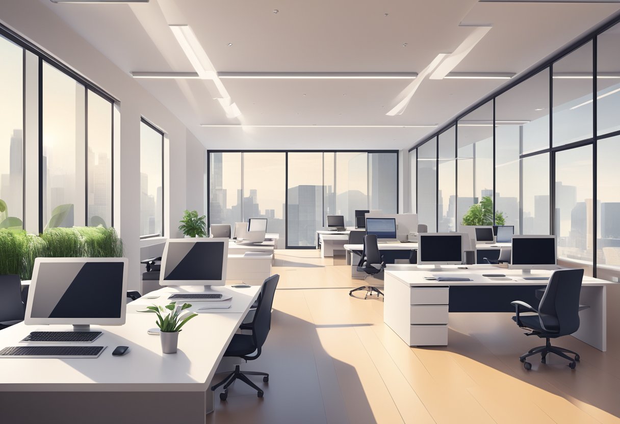 A modern office space with a sleek, minimalist design. Digital devices and marketing materials are scattered on the desks. A large window lets in natural light, creating a bright and energetic atmosphere