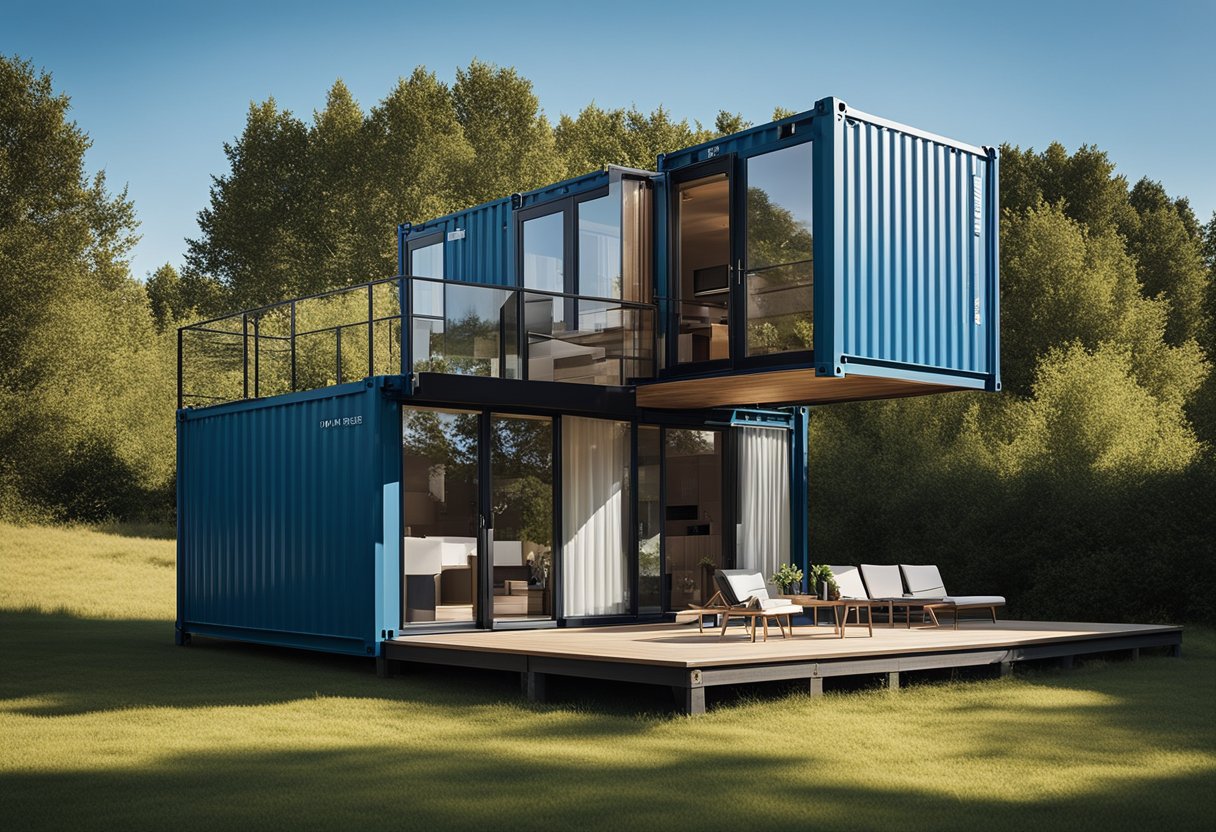 A shipping container home sits on a plot of land, surrounded by trees and a clear blue sky. The home is simple yet modern, with clean lines and a minimalist design