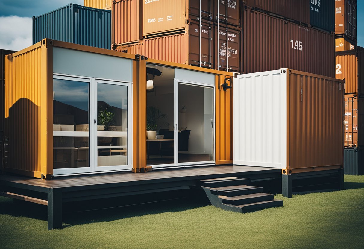 A shipping container home surrounded by cost factor symbols and average cost figures