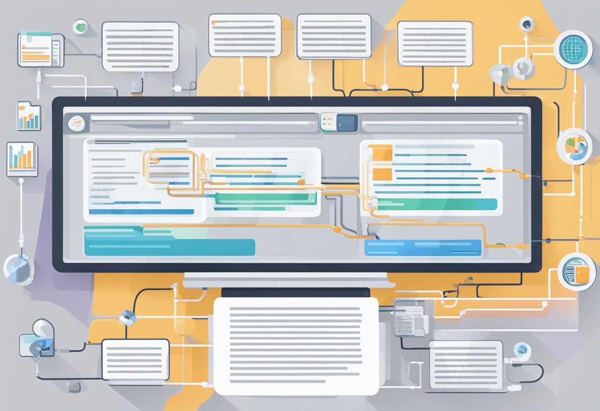 A computer screen displaying a detailed SEO strategy with keywords, backlinking, and content optimization. A flowchart showing the interconnectedness of different SEO best practices