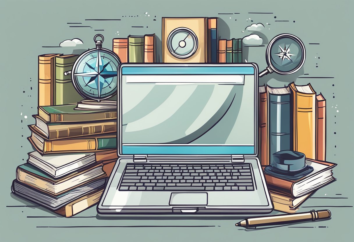 A laptop surrounded by books, with a magnifying glass and a compass, symbolizing research and navigation through SEO best practices