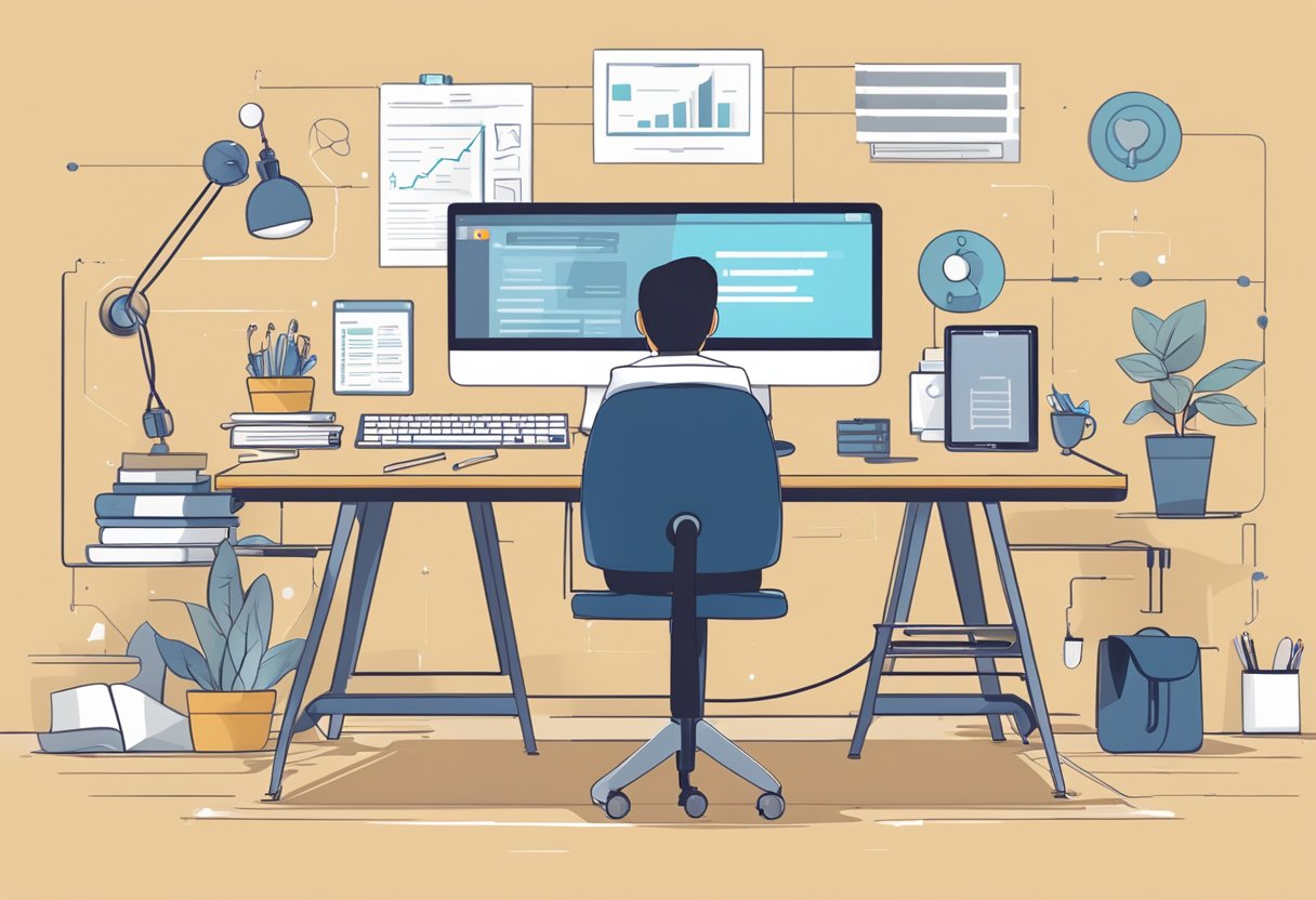 A desk with a computer, notebook, and SEO measurement tools. A digital marketer follows best practices