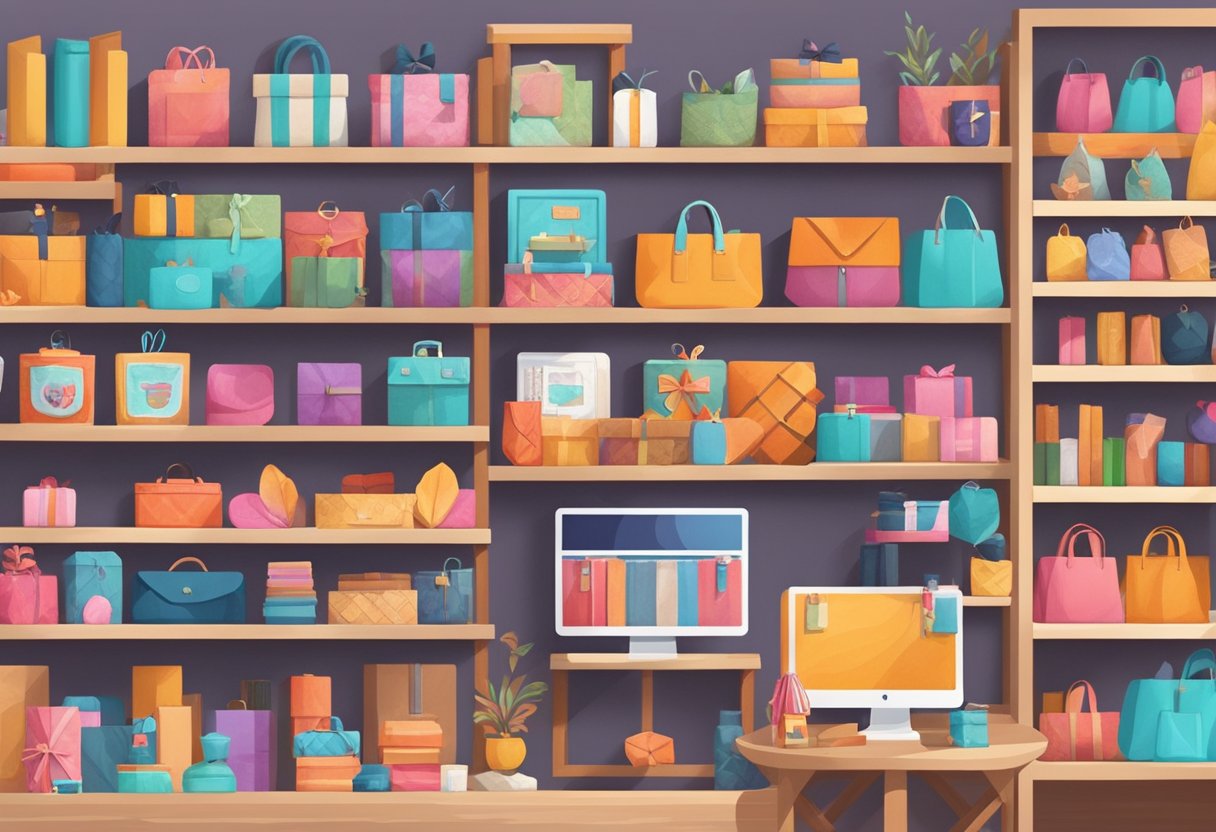 An array of colorful handmade goods displayed on virtual shelves, with diverse logos of top online marketplaces in the background