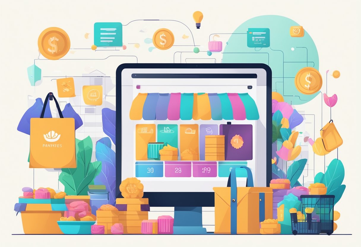 A vibrant online marketplace with handmade goods displayed and labeled with prices, surrounded by icons representing different forms of payment and earning potential