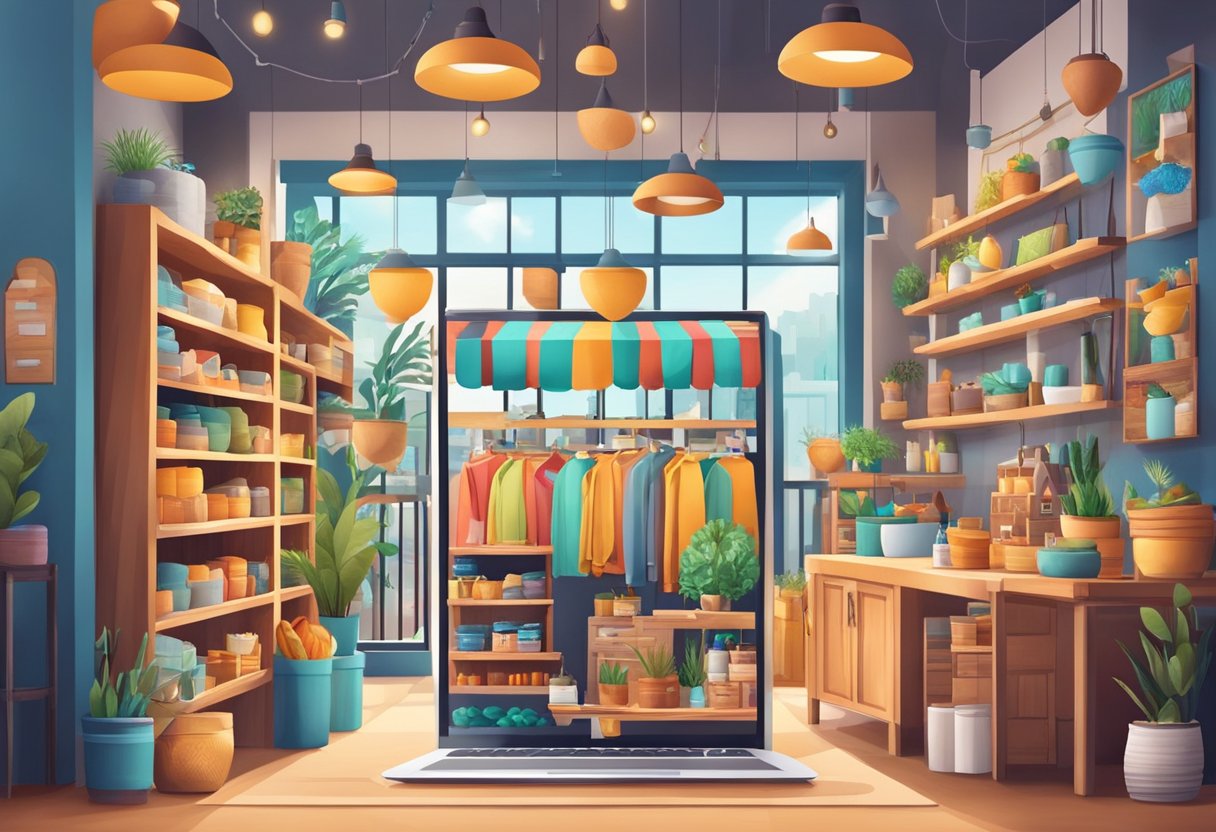 A vibrant online marketplace with various handmade goods displayed on virtual storefronts, attracting potential customers with eye-catching product photos and detailed descriptions