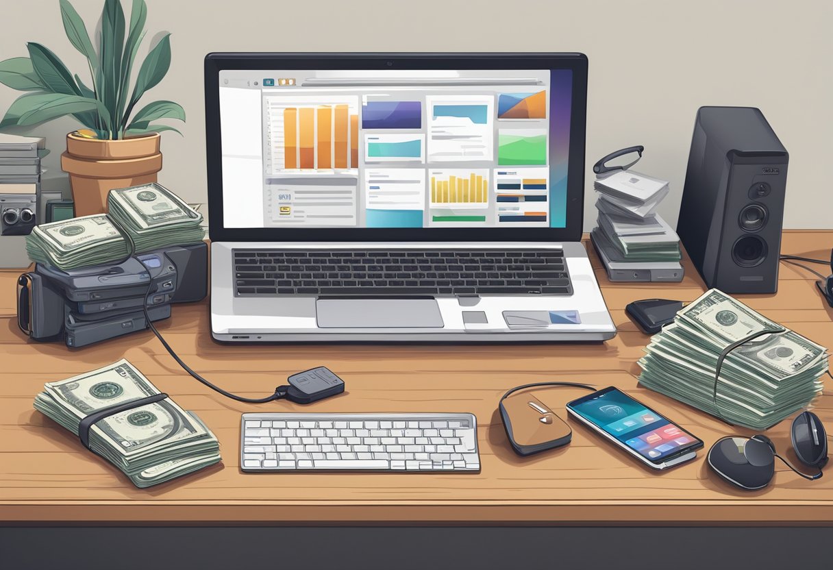 A cluttered desk with a variety of tech gadgets and accessories, a laptop with a YouTube channel open, and a stack of cash representing high earnings