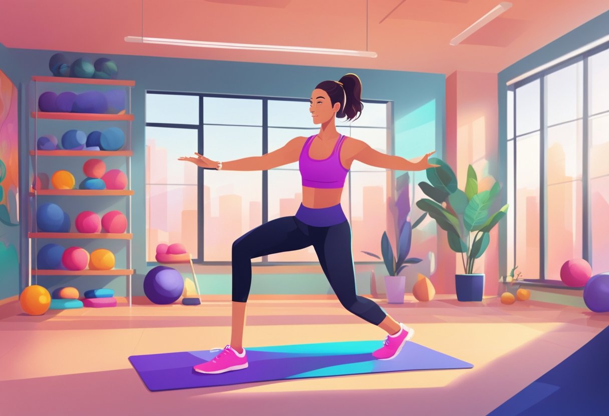 A vibrant gym with modern equipment, yoga mats, and motivational posters. A personal trainer demonstrating exercises. Bright lighting and energetic music create an inspiring atmosphere