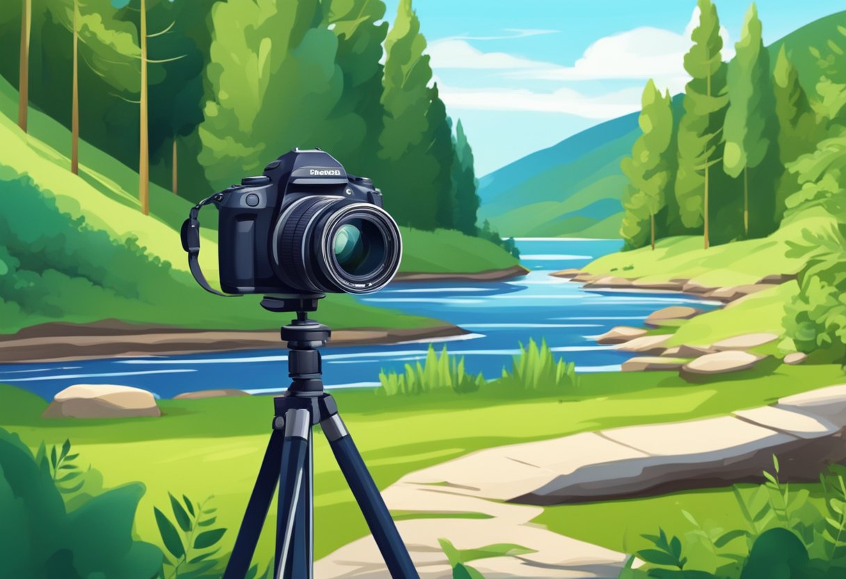 A camera on a tripod captures a picturesque landscape with a winding river, lush greenery, and a clear blue sky. The scene is peaceful and inviting, perfect for a travel vlogging adventure