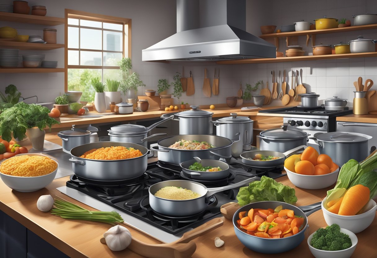 A bustling kitchen with pots and pans sizzling on the stove, a variety of fresh ingredients laid out on the counter, and a camera set up to capture the culinary instruction in action