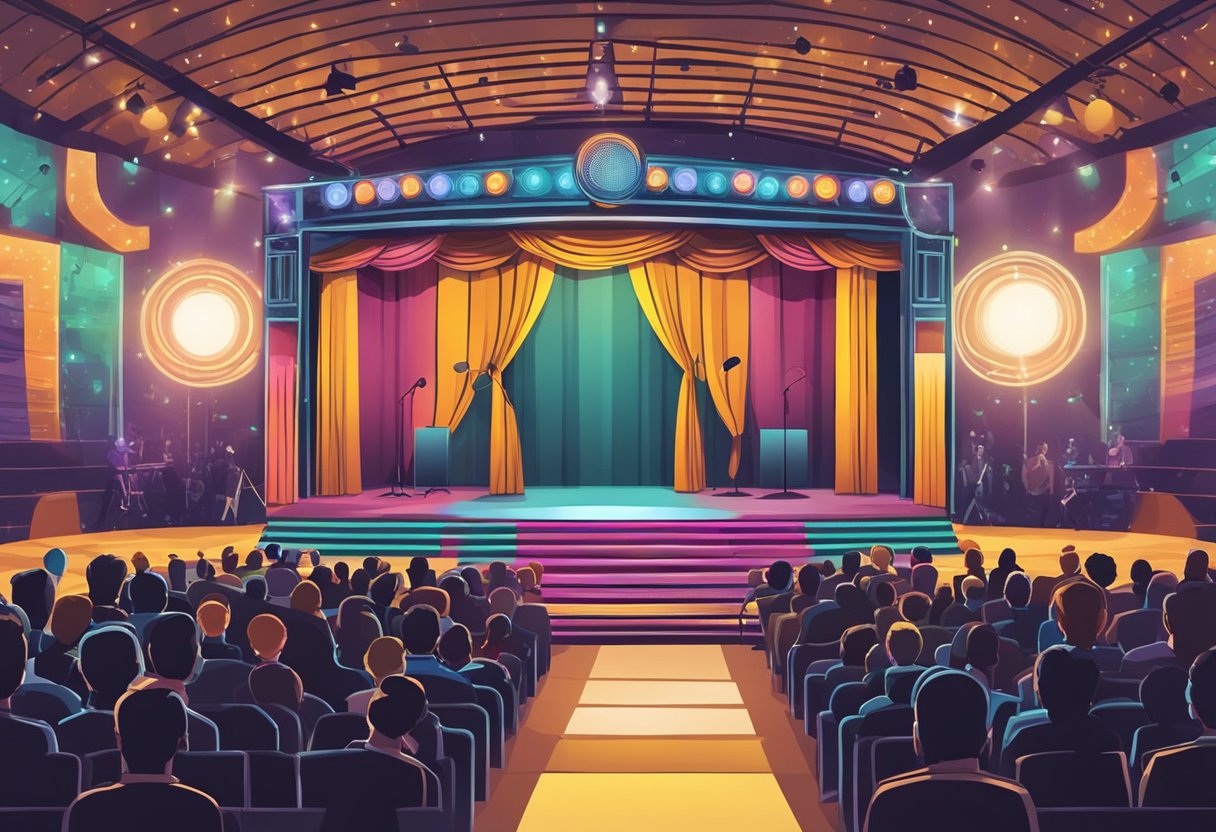 A colorful stage with a microphone, spotlight, and audience. A sign reads "Entertainment and Comedy Top YouTube Niches That Make the Most Money."