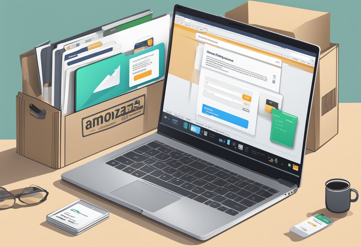 A laptop with Amazon website open, products displayed, payment options visible, and a shipping address entered