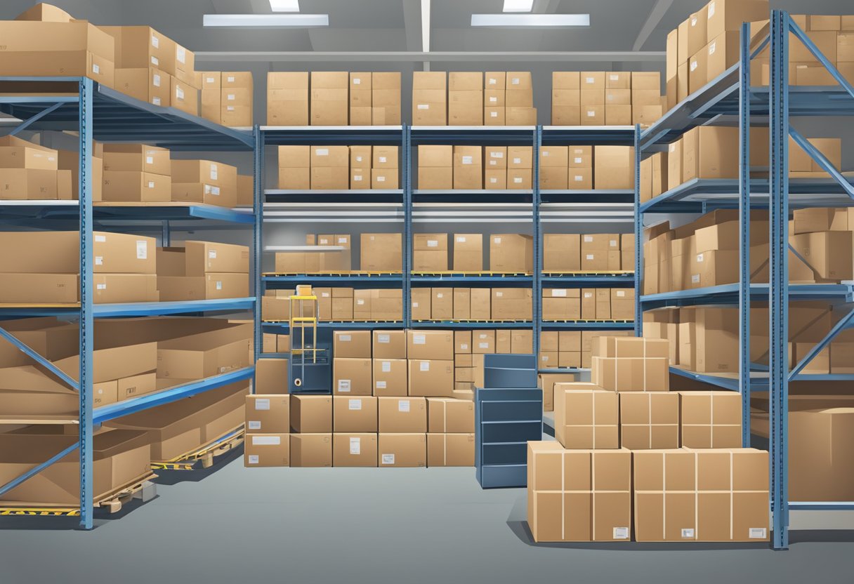 A warehouse with neatly organized shelves and labeled boxes, a computer station for inventory management, and a shipping area with packages ready for delivery