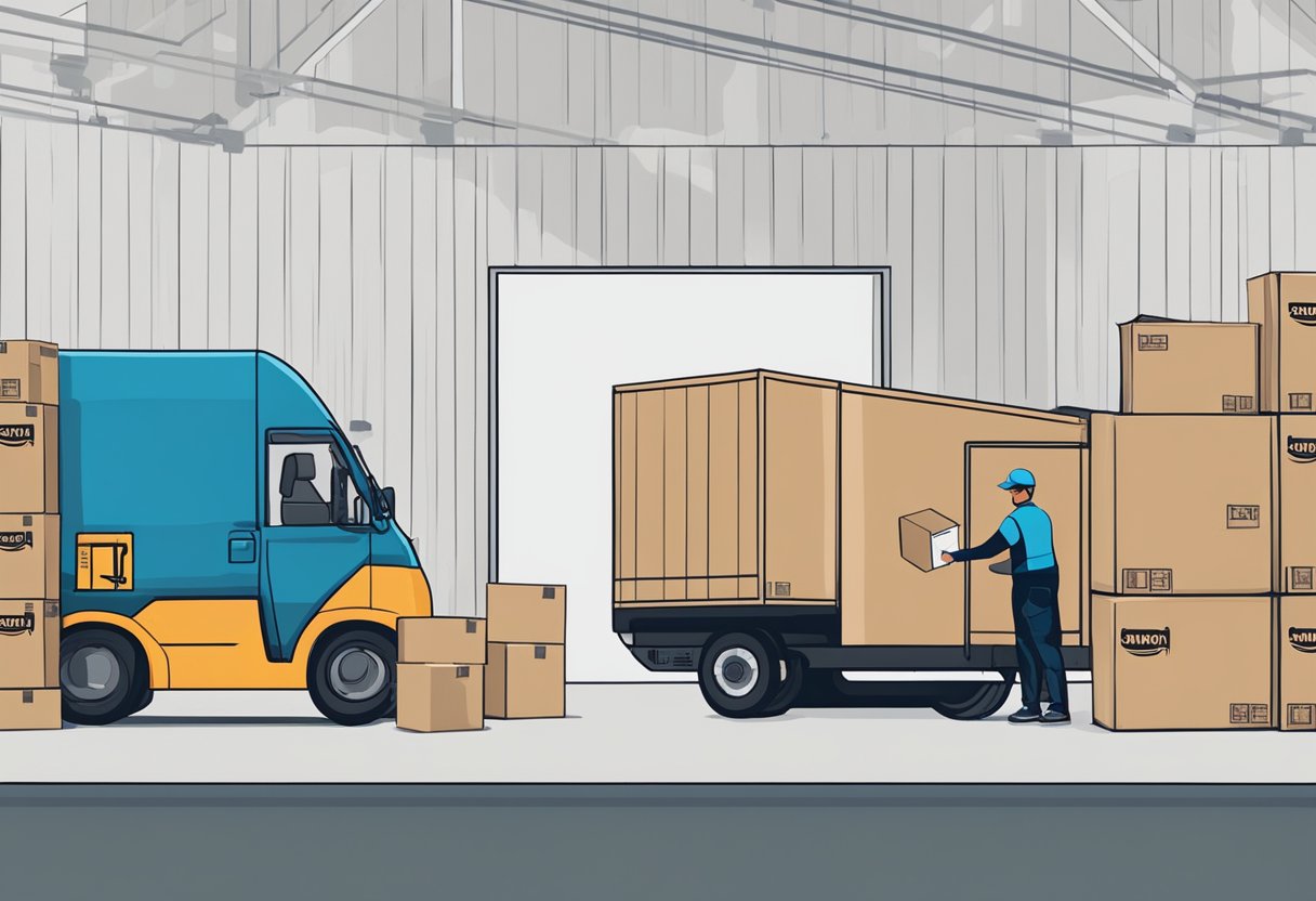 A warehouse worker packs Amazon orders, while a delivery truck waits outside. Boxes labeled with Amazon logos are stacked nearby