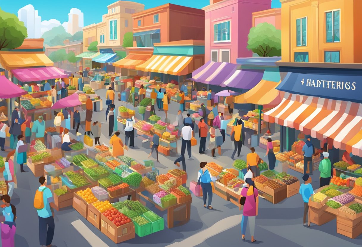 A bustling marketplace with various products displayed, price tags visible. Competing sellers vying for attention, showcasing their items in a vibrant, colorful setting