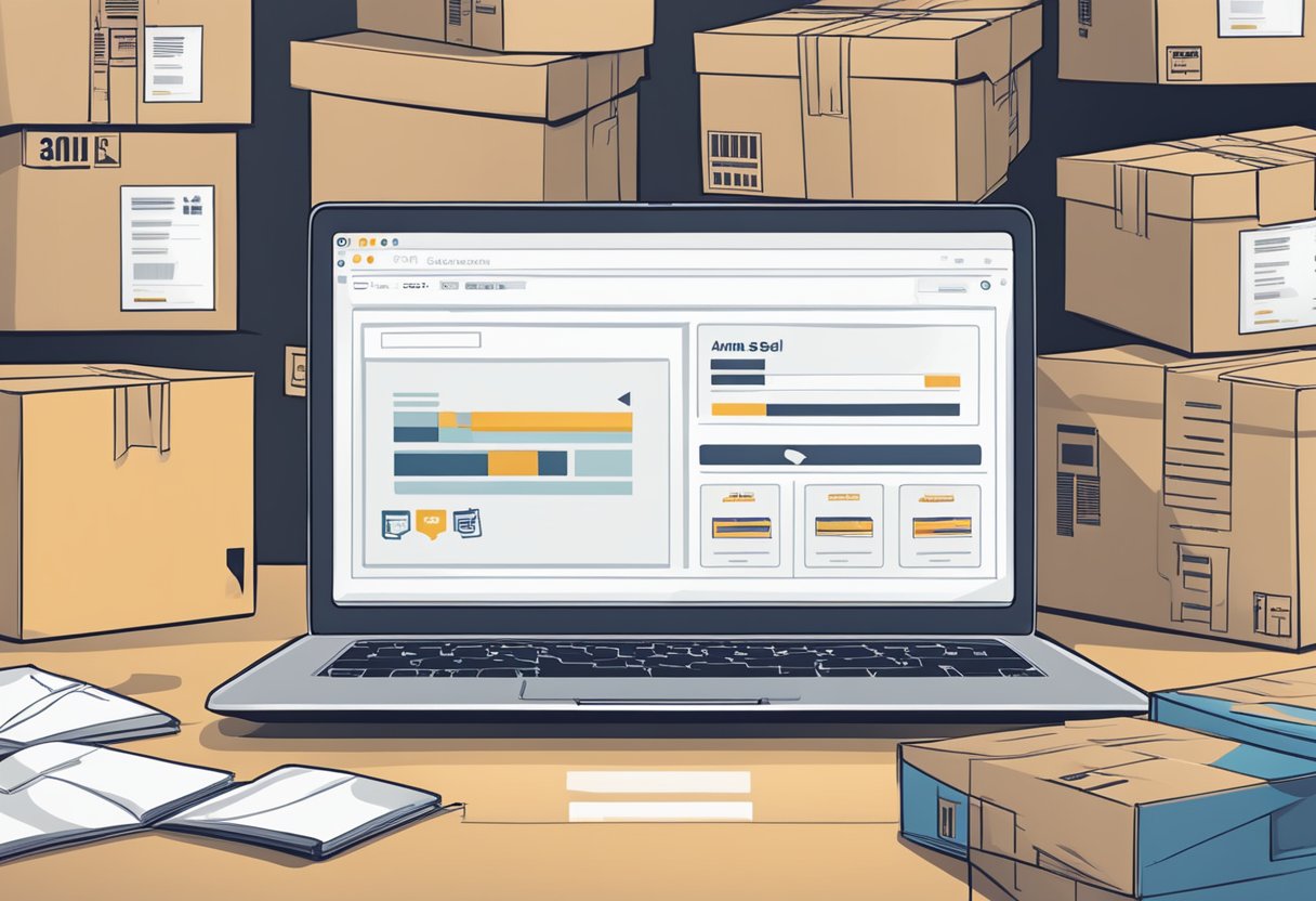 A laptop displaying Amazon's seller interface, surrounded by shipping boxes and product inventory. A "How to Sell on Amazon" book lies open nearby