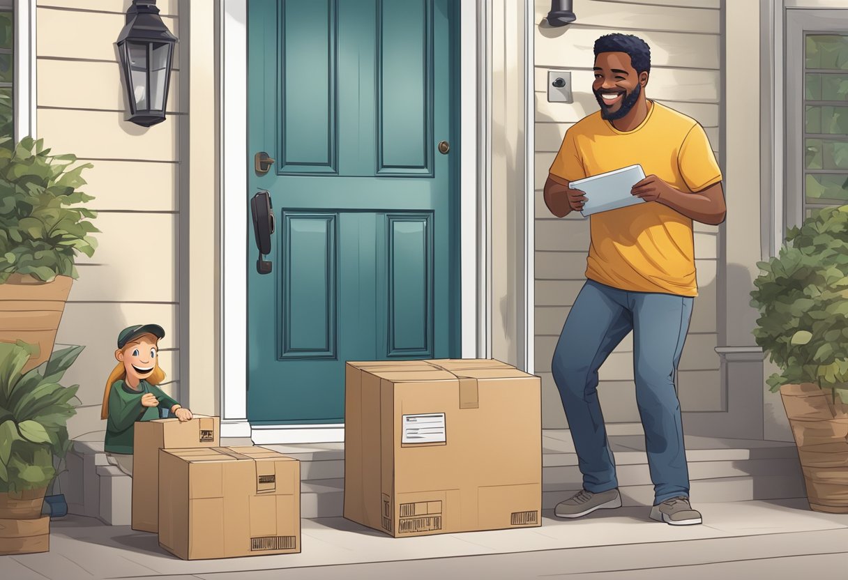 A smiling customer receives a package from an Amazon delivery person at their front door, while a seller looks on with satisfaction