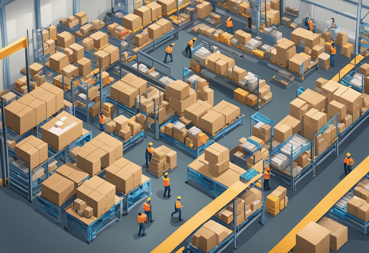 A bustling Amazon warehouse with workers packing and shipping products. Boxes stacked high, conveyor belts moving, and a sense of organized chaos