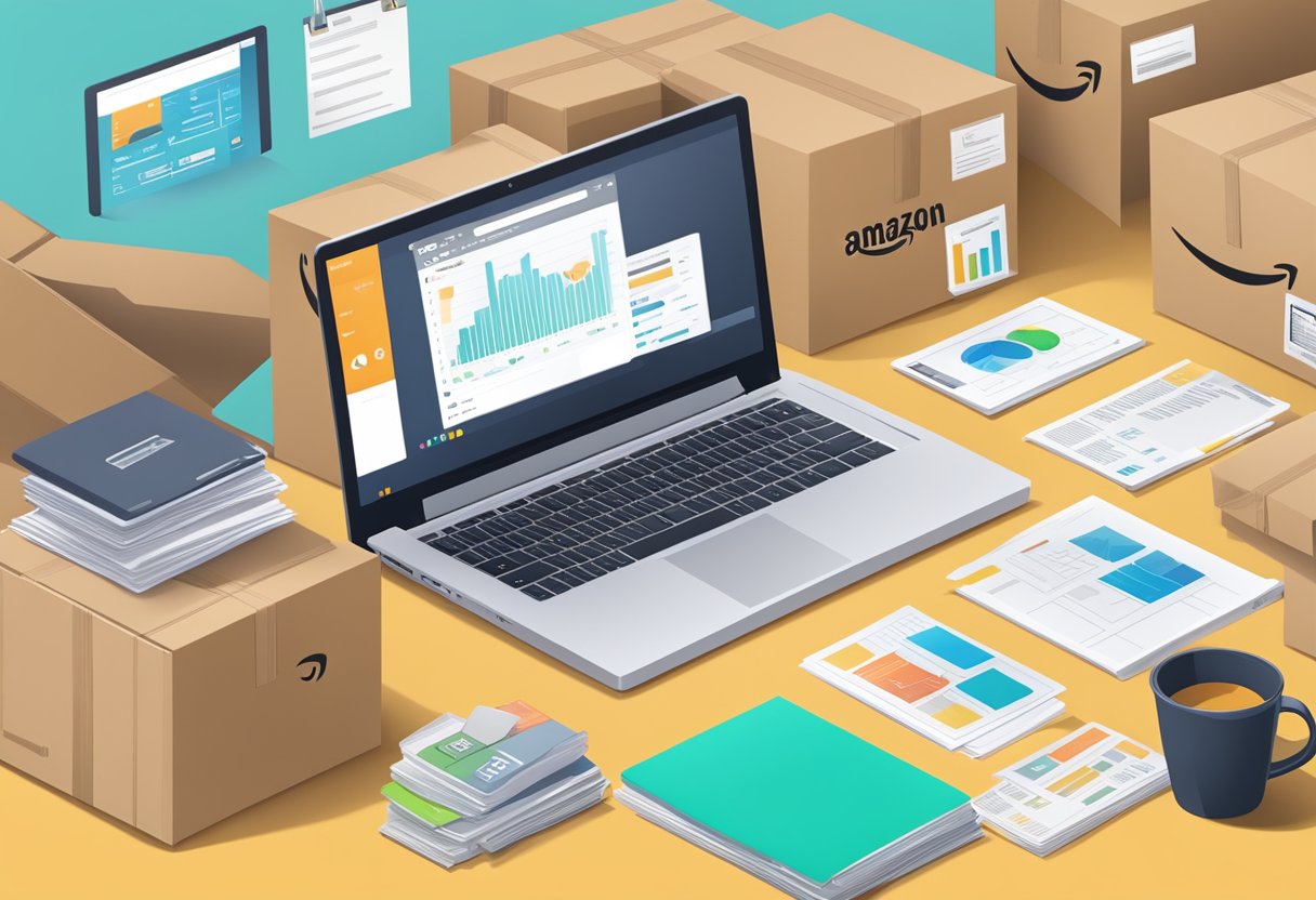 A laptop with Amazon seller dashboard open, surrounded by shipping boxes, product inventory, and a stack of financial documents