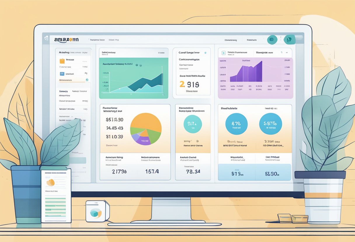 A computer screen displaying Amazon FBA dashboard with optimized product listings and high sales metrics