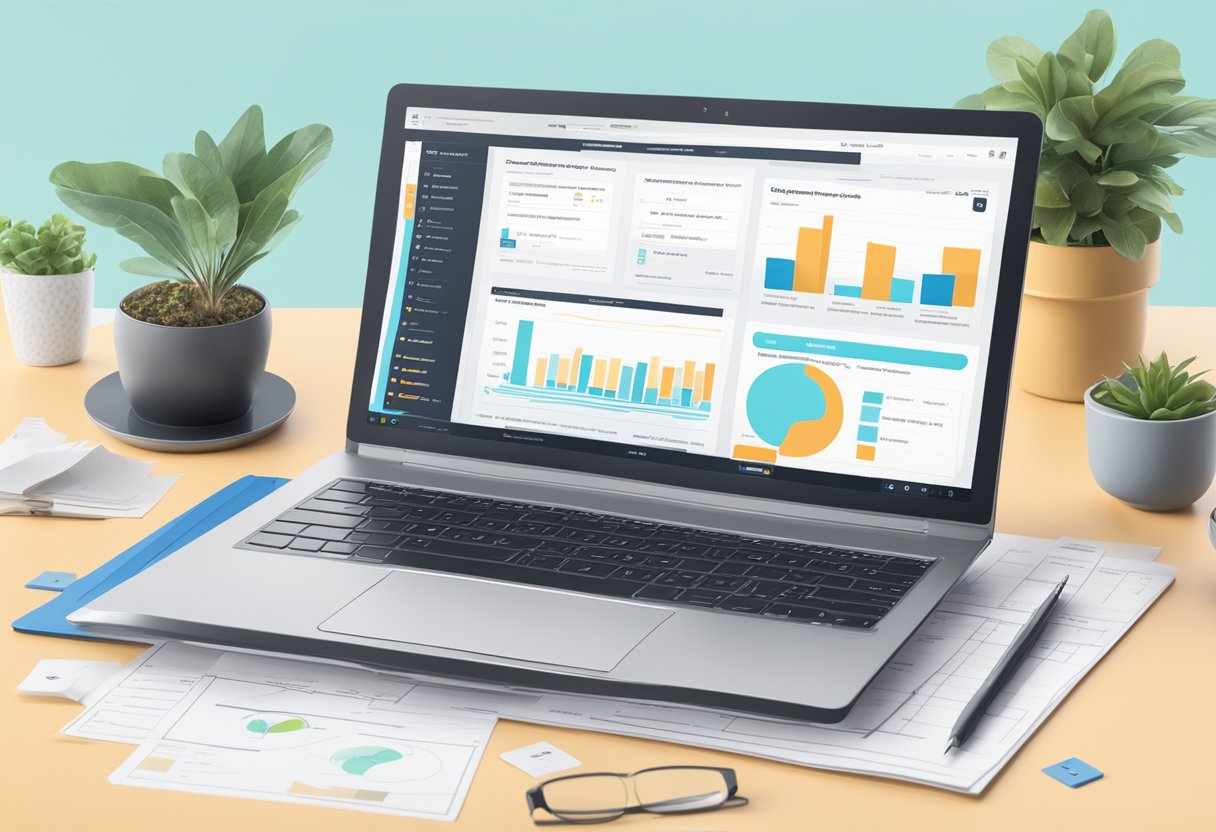 A laptop displaying Amazon FBA dashboard with optimized product listings, surrounded by market research notes and a checklist for maximum sales