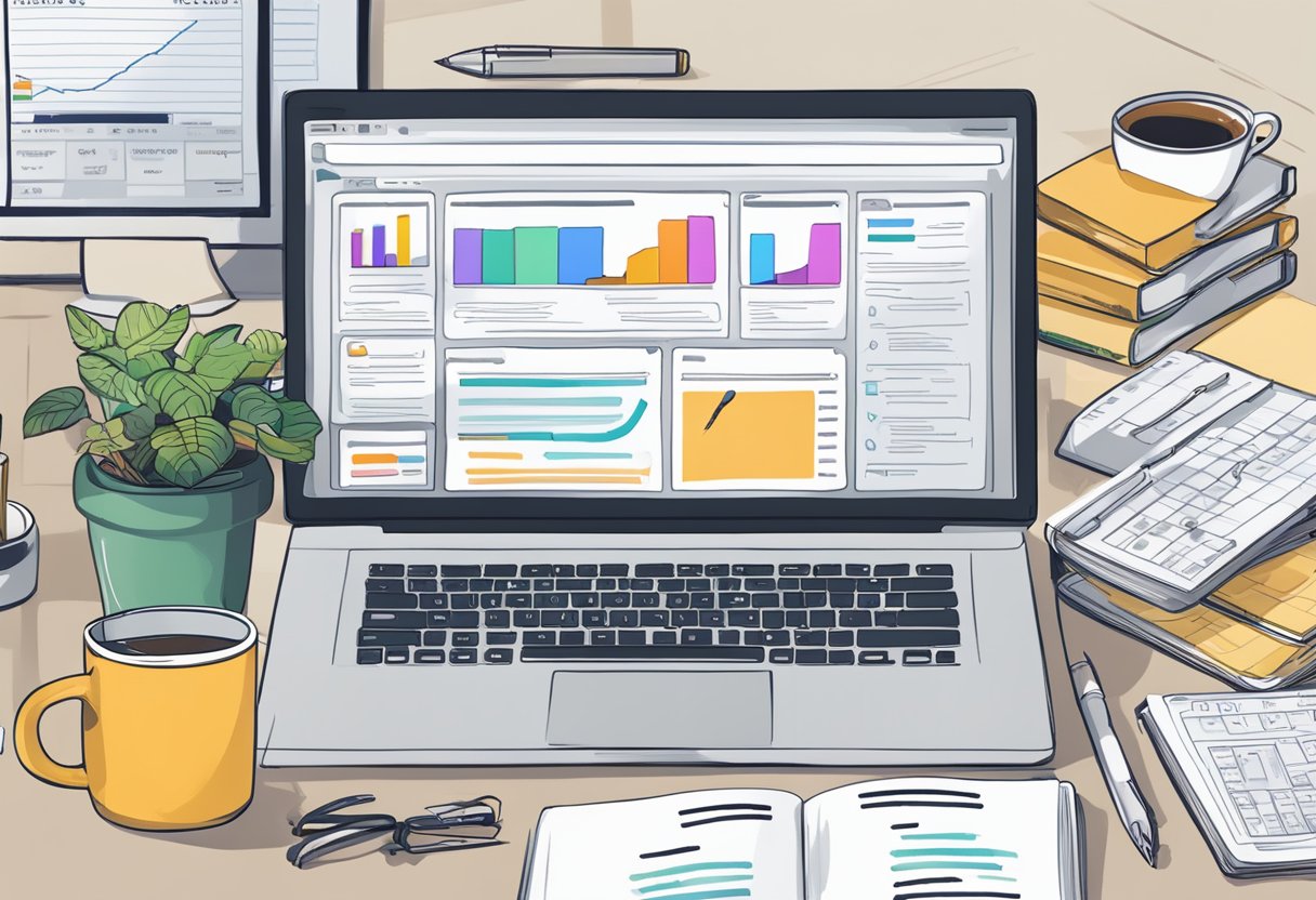 A computer screen with Amazon FBA keyword research tools open, surrounded by notebooks, pens, and a cup of coffee