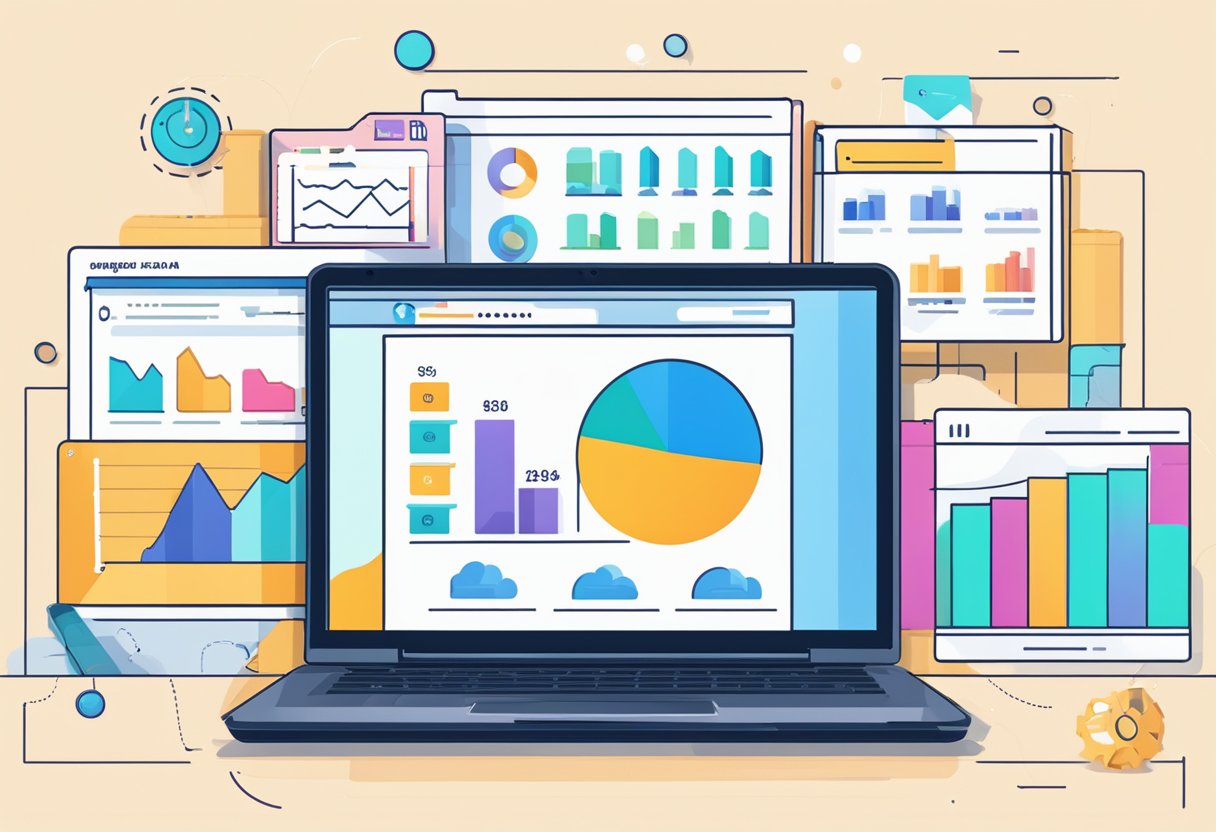 A laptop displaying Amazon FBA listings with optimized prices, surrounded by graphs showing increased sales