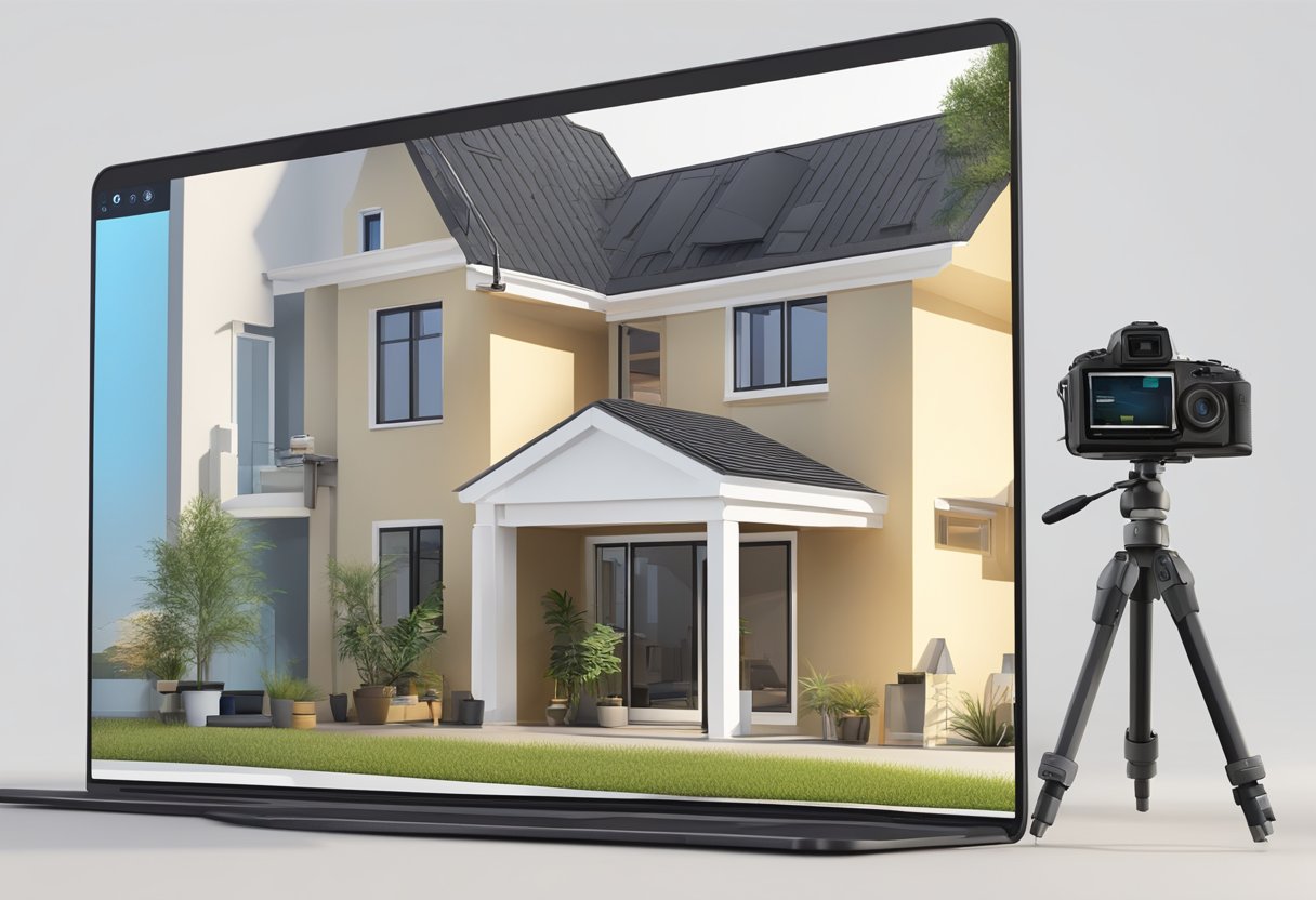 A computer with virtual tour software open, displaying a 3D model of a house. A camera and tripod positioned nearby