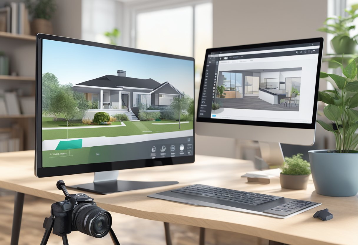 A computer with a virtual tour software open, showing a 3D model of a real estate property. A camera and tripod nearby