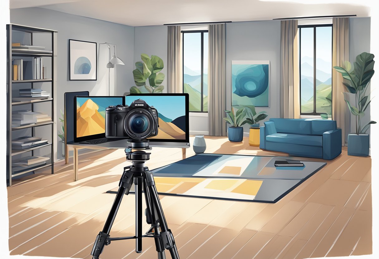 A camera on a tripod positioned in a well-lit room, capturing a 360-degree view of the space. A laptop displaying virtual tour software and a smartphone for remote control