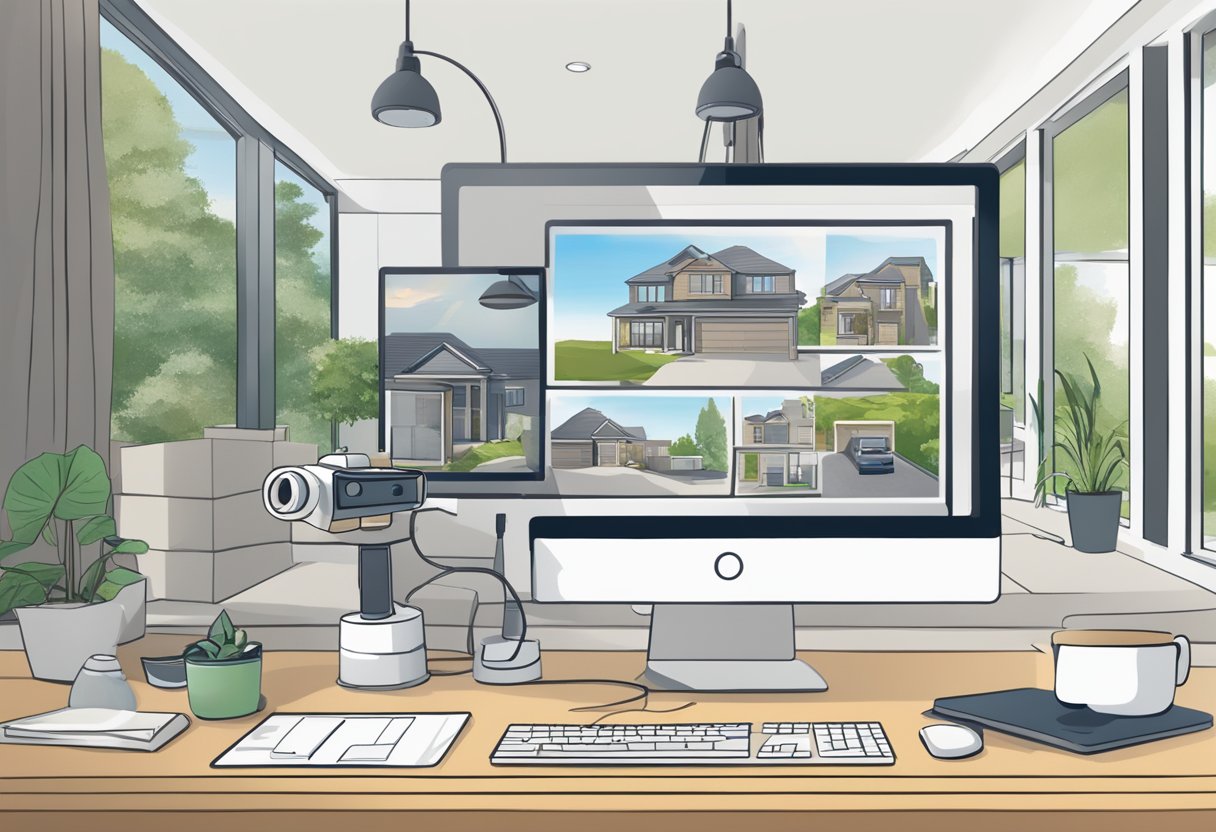 A computer displaying a virtual tour of a real estate property, with a camera and tripod nearby. A person is using a software to create the tour