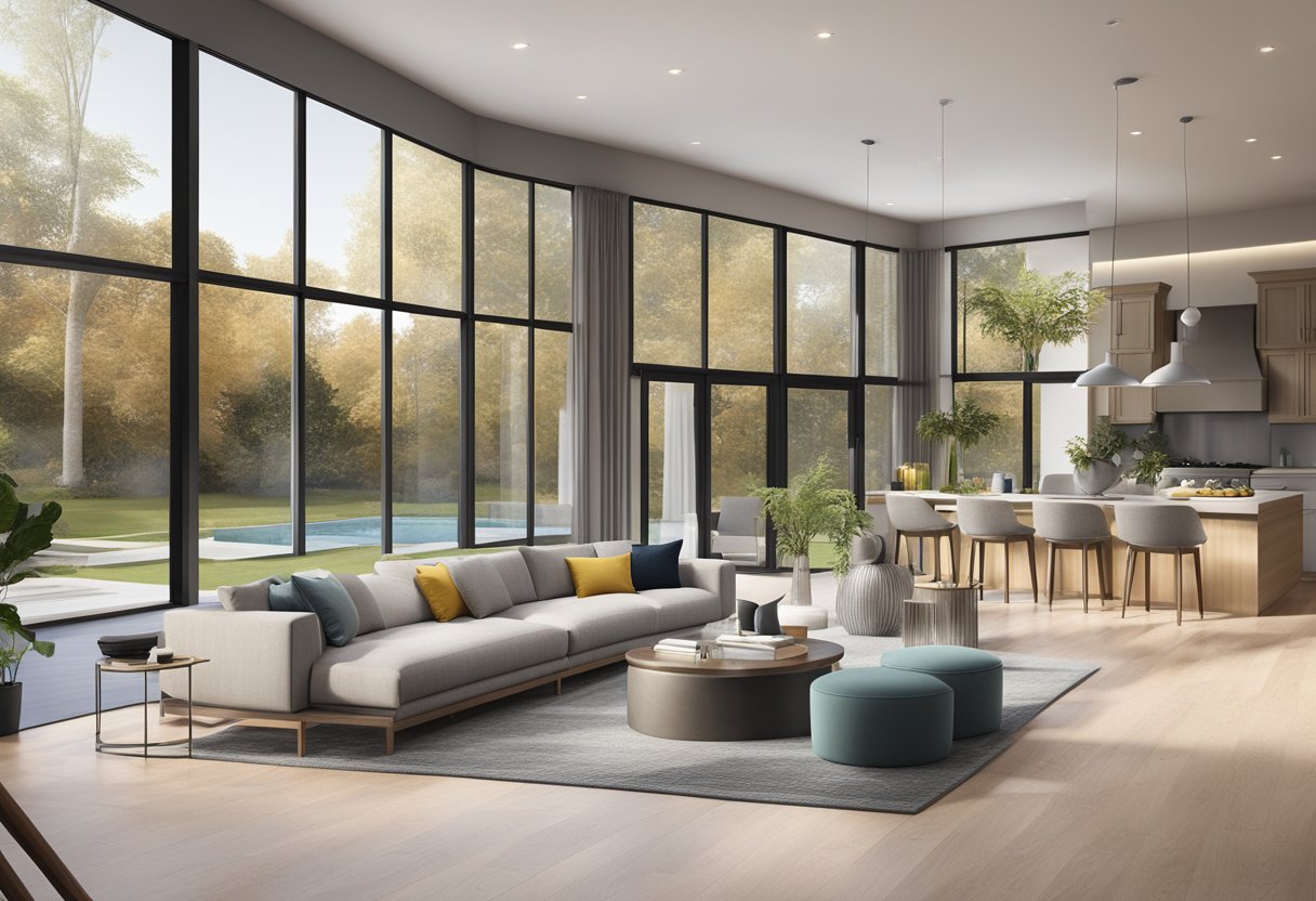 A virtual tour of a modern, spacious home with sleek furnishings and large windows, showcasing the seamless transition between rooms and the outdoor space