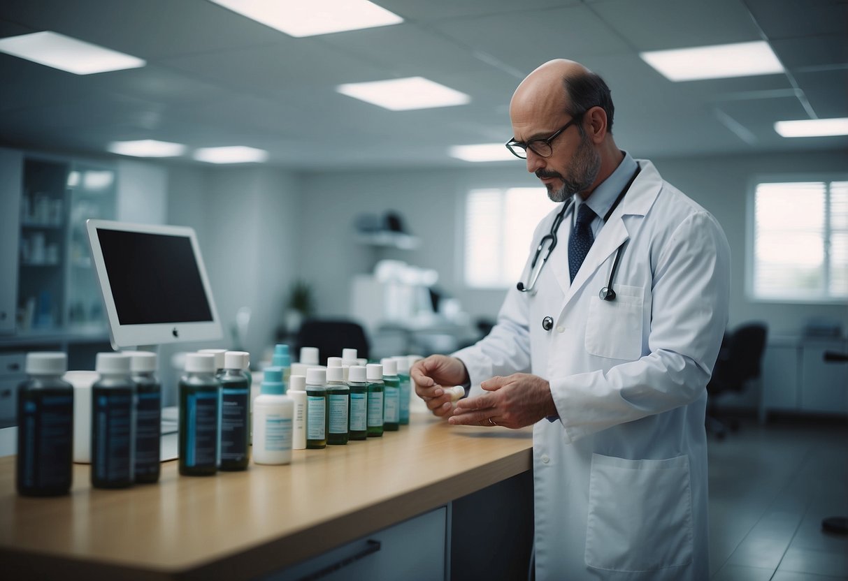 A doctor administers various treatments and supplements in a clinic to prevent hair loss