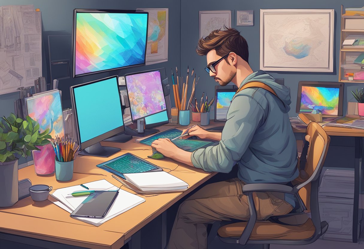 A digital artist sits at a computer, surrounded by drawing tablets, styluses, and reference materials. The artist's screen displays a vibrant, detailed digital artwork in progress